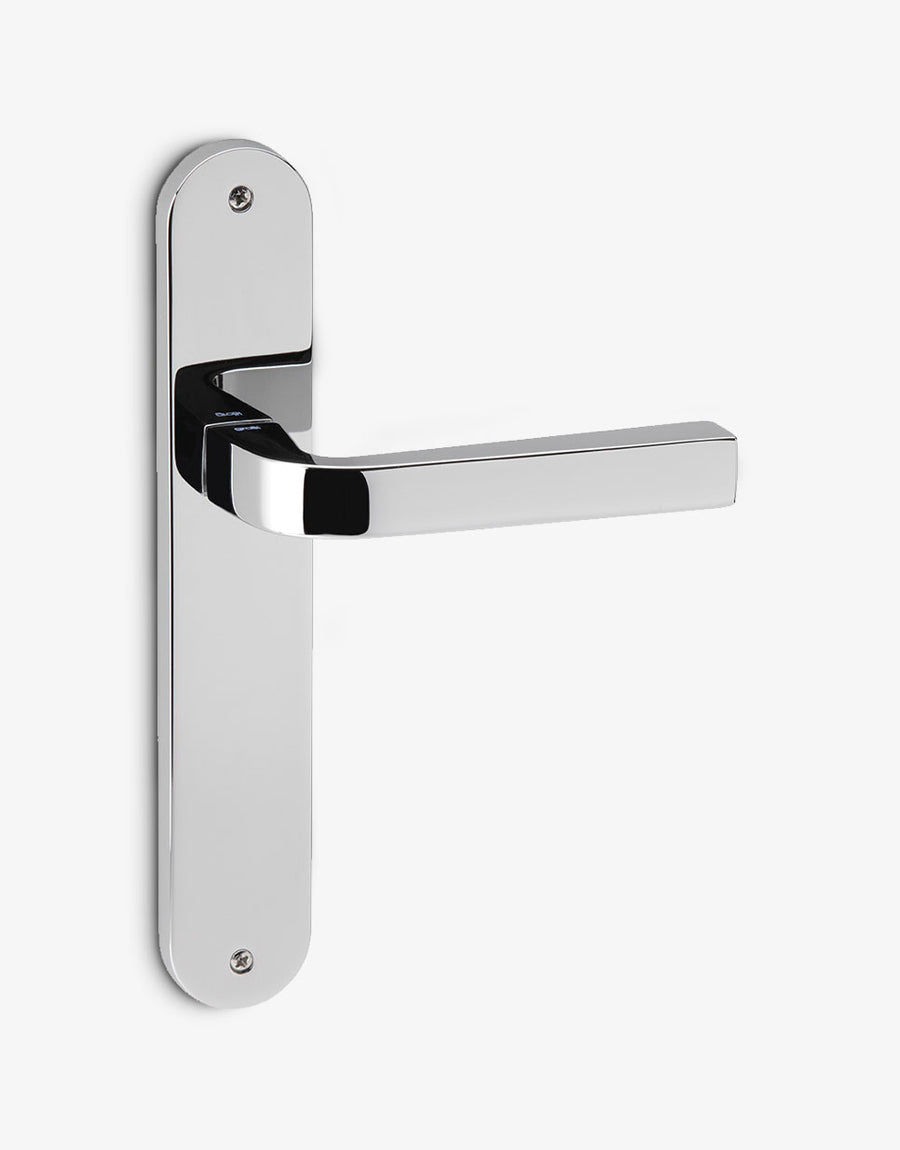 Touch lever handle set on an oval backplate